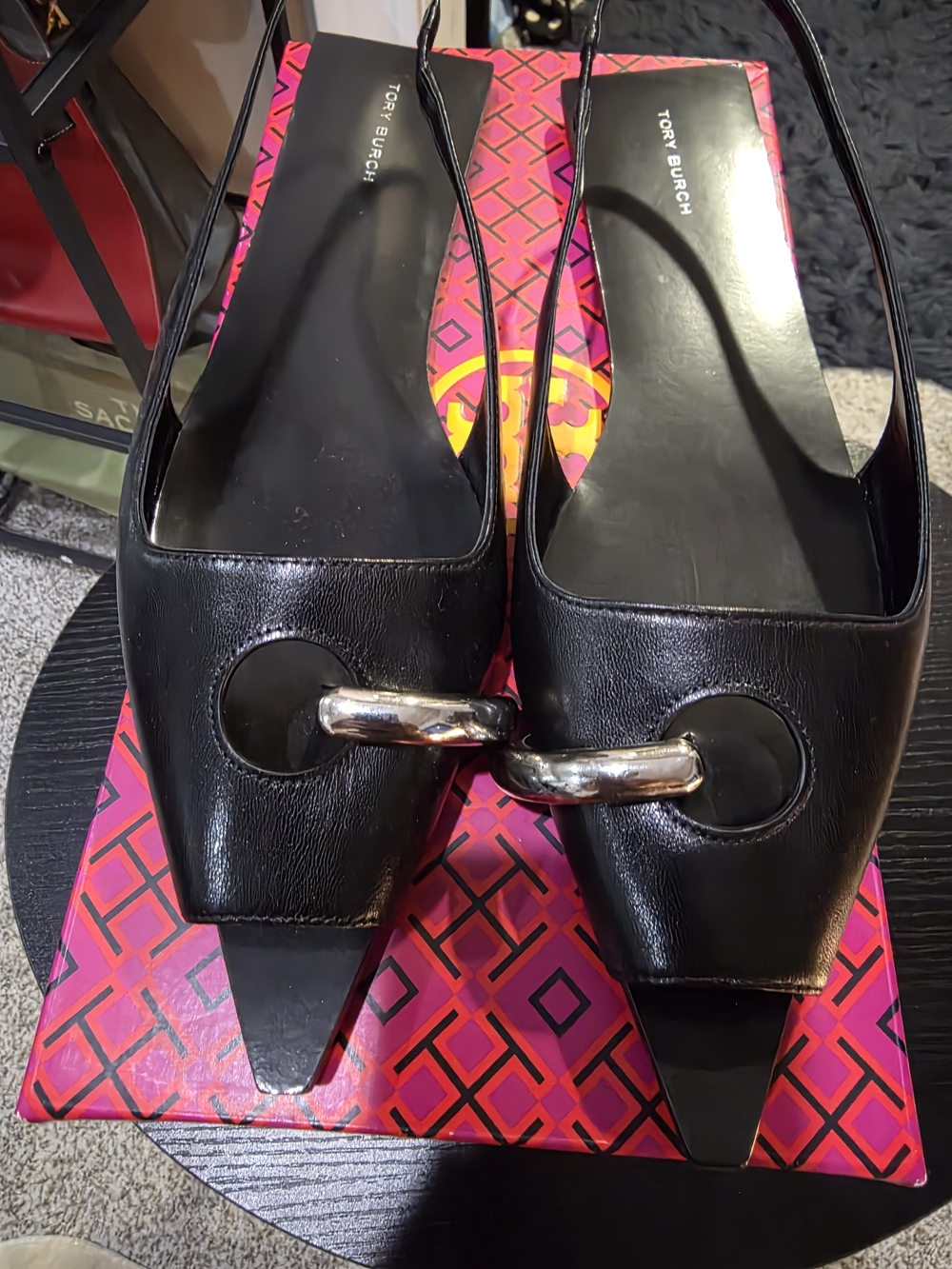 NWOT Tory Burch Pierced Black Goat Leather Slingback Mules with Silver Hardware